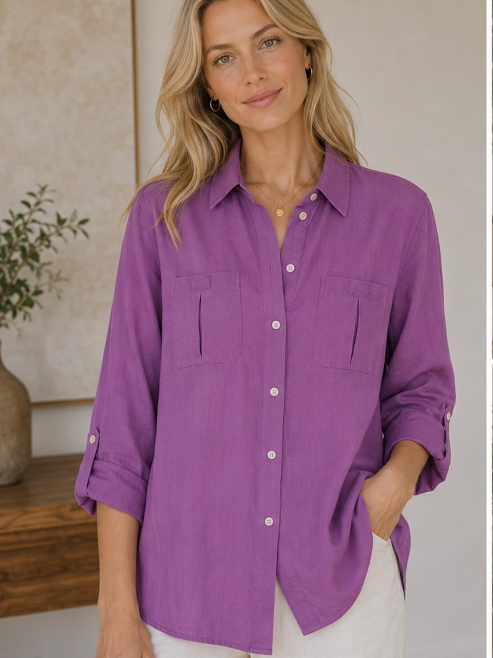 NWT🌺Investment Gold Label Non-Iron Linen Roll-Tab Sleeve Relaxed Shirt Sz 16 W